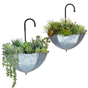 GIFTME 5 Set of 2 Galvanized Metal Umbrella Hanging Wall Planter Flower Holder Indoor or Outdoor Garden Succulent Wall Planter Set (Silver)