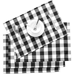 Nobildonna 18"x13" Plaid Checkered Placemats,Black & White Checker, Quality Thin and Long-Lasting Placemats for Dining Table Set of 4 (Black & White)