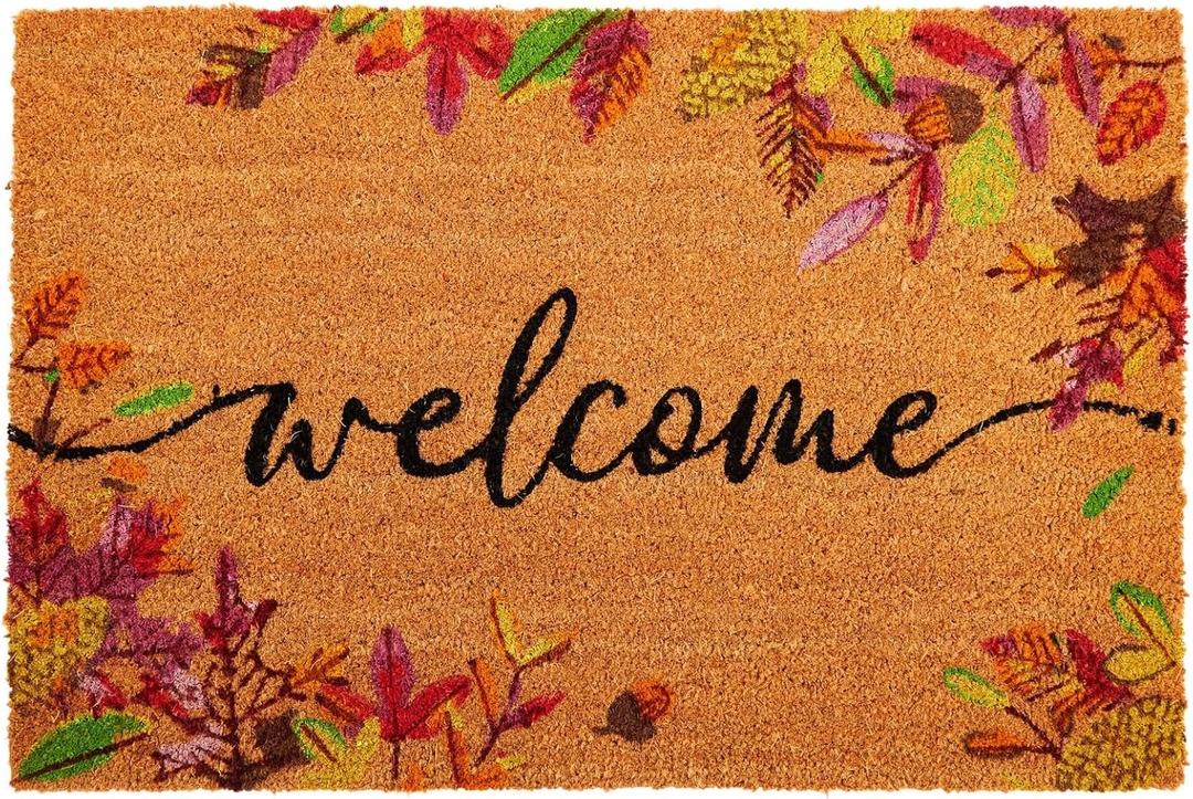 Juvale Fall Leaves Coir Welcome Mat - Indoor & Outdoor Fall Door Mat - Low Pile Dirt-Trapping Autumn Doormat - 36 x 24 in, Multi-Color