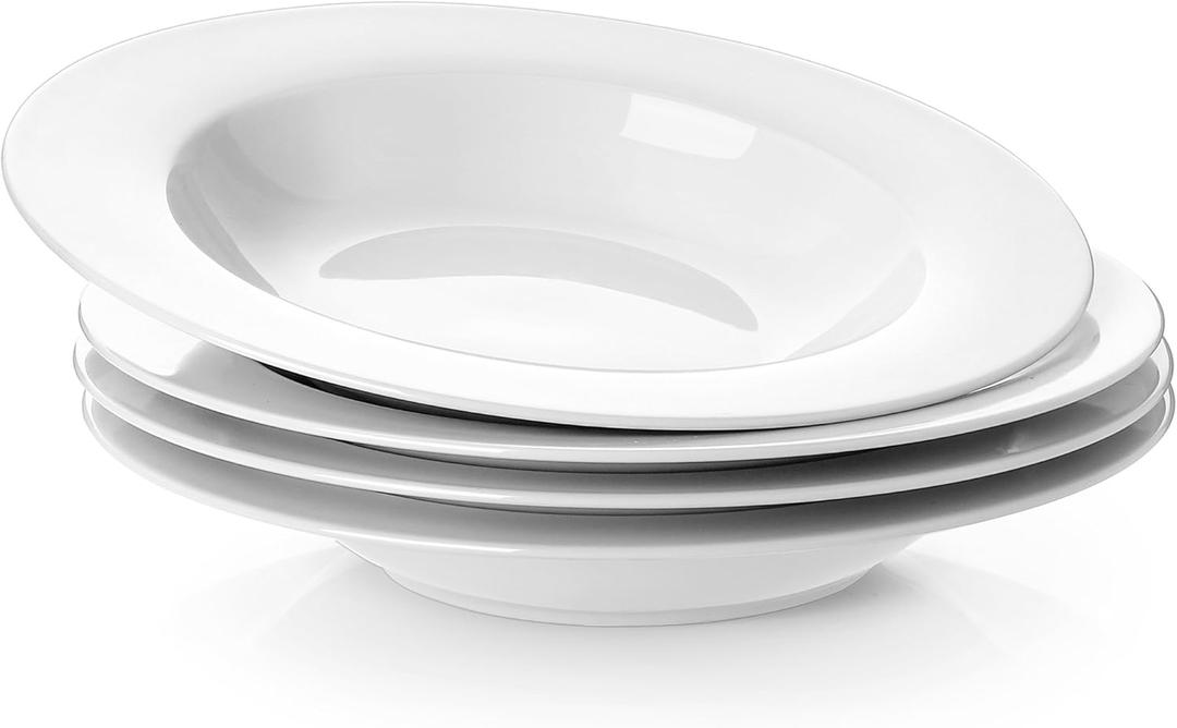 Y YHY Soup Bowls, Pasta Bowl Set of 4, White Shallow Bowl Plates, Porcelain Rimmed Bowls, 8 Inches Diameter with Rim, Mather's Day Gift, 8.25 Inch-8 Oz