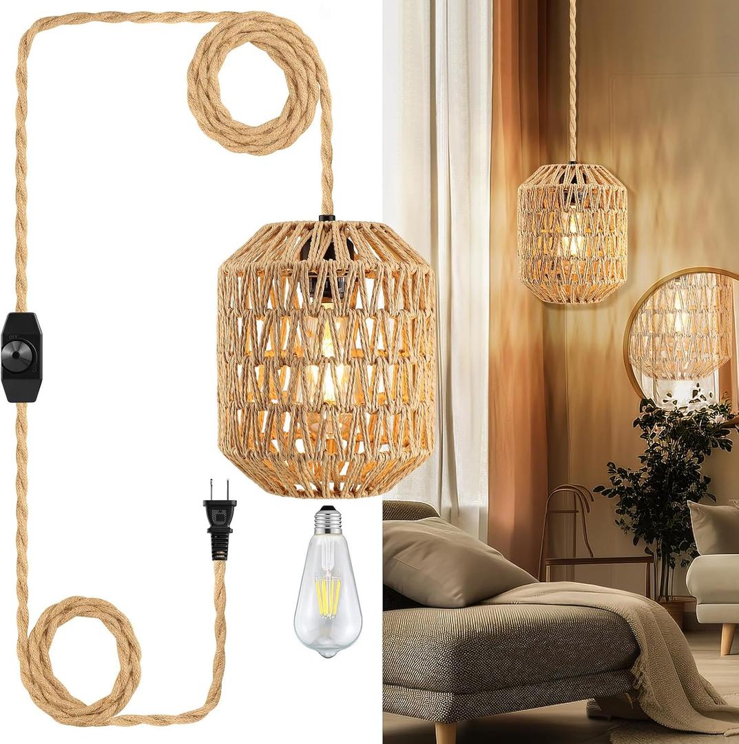 Plug In Pendant Light, 15FT Hemp Rope Cord, Hanging Lights With Plug In Cord Dimmable Rattan Hanging Lamp Wicker Woven Basket Lampshade, Industrial Plug In Ceiling Light Fixture For Kitchen (Brown)