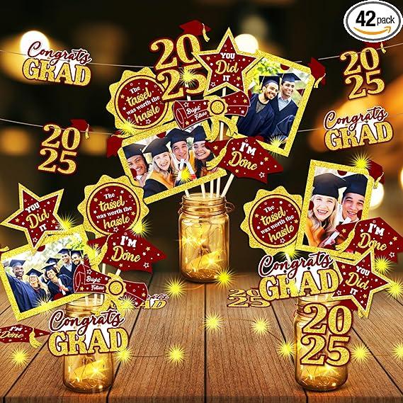 Amyhill 42 Pcs Graduation Decorations Class of 2025 Red and Gold Graduation Table Centerpieces Sticks Table Toppers with Lights for College High School Congrats Grad Party Supplies