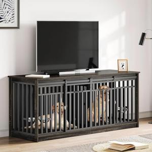 YITAHOME 71 Inch Double Dog Crate Furniture for 2 Dogs, Heavy Duty Wooden Crate TV Stand with 4 Bowls, Dog Kennel Indoor Furniture Sliding Barn Door Design for Extra Large Dogs, Black Oak