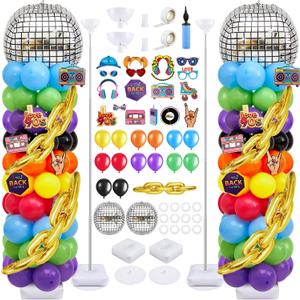 Gejoy 2 Set 80s 90s Balloon Column Stand Kit with 153 Pcs Disco Balloons 19 Pcs 80s 90s Cards 6.5 ft Adjustable Tower Pillar with Metal Telescopic for Disco Party Decorations