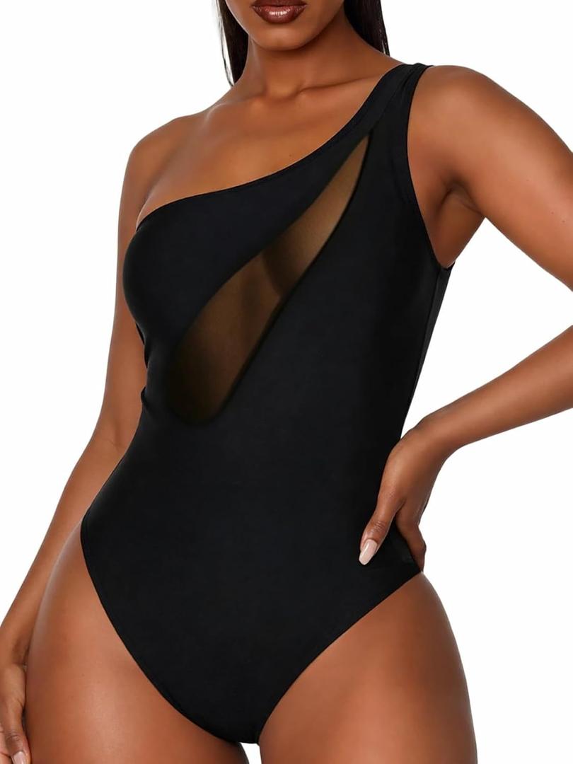 One Shoulder Swimsuit Tummy Control One Piece High Cut Mesh Black | 85% nylon 15% spandex, double lined for non-see-through coverage. Mesh patchwork with optical slimming effect, high cut leg (L)