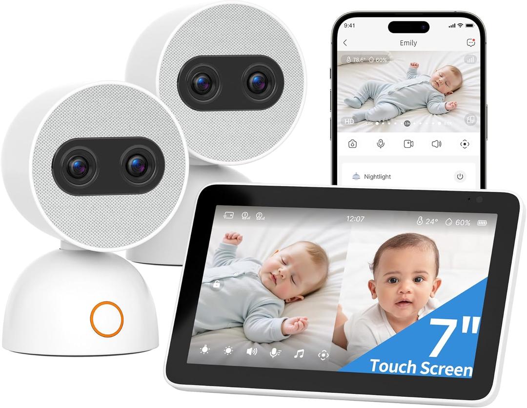 Simsky Split Screen Video Baby Monitor with 2 Cameras, Dual 4MP Cameras with 6X Zoom, 7" UHD Touch Screen Portable Audio Baby Monitor, App Remote Access 32GB Local Storage