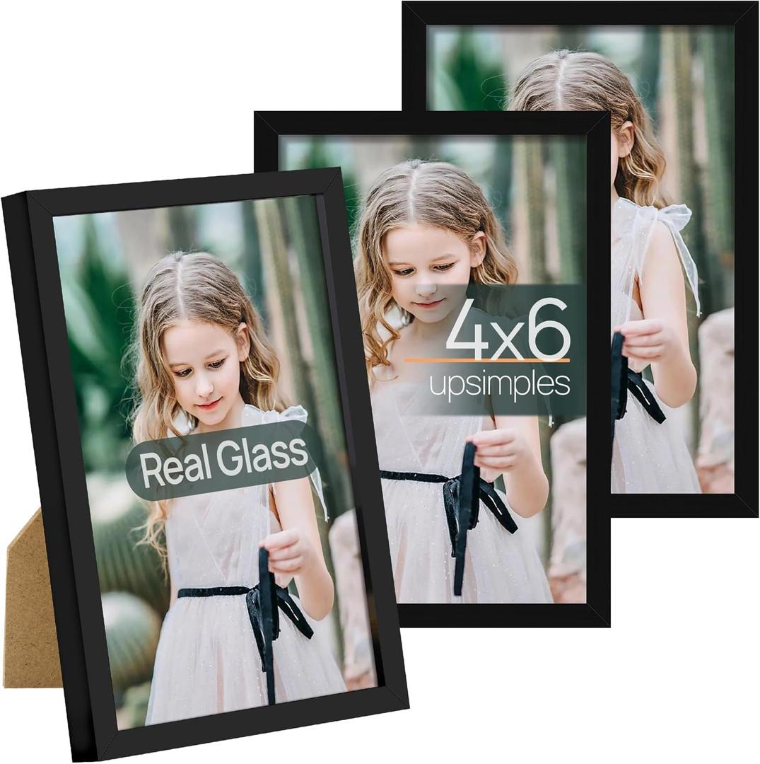 Upsimples 4x6 Picture Frame Set of 3, Made of High Definition Glass for 4 x 6, Wall and Tabletop Display Thin Border Photo Frames for Home Decor, Black