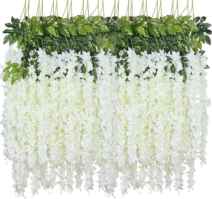 Fake Hanging Flowers - 60 Pieces 3.75 Feet/Piece Artificial Wisteria Vine Ratta Hanging Garland Silk Flowers for Home Party Wedding Decor (60pcs-White)