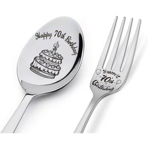 Happy 70th Birthday Spoon&Fork Gifts Engraved Spoon&Fork Personalized Birthday Gifts for Father Mother Grandpa Grandma Family Elders Friends