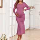 2025 Fall Maternity Dress Faux Two-Piece Long Sleeve Square Neck Mermaid Bodycon Pregnancy Dresses Casual Baby Shower (Pink, S)