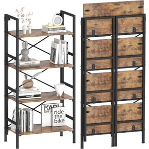 Homeiju Folding Bookshelf,4 Tier Bookcase Foldable Shelf with X-Bracket Design, Adjustable Feet, Space Saving Storage for Living Room, Office, Rustic Brown