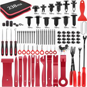 GOOACC 238Pcs Trim Removal Tool, Auto Push Pin Bumper Retainer Clip Set Fastener Terminal Remover Tool Adhesive Cable Clips Pry Kit Car Panel Radio Removal Auto Clip Pliers (120Pcs Clips + 118 Remover Red)