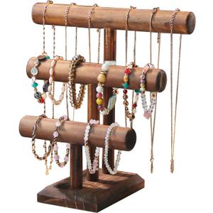 Bracelet Holder, Bracelet Display Stand for Vendors, T-Bar Necklace Scrunchie Wooden Storage Rack, Bangle Watch Jewelry Display Tower (3 Tier)
