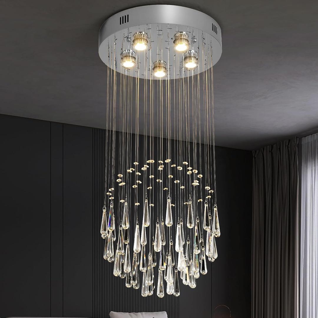 GreeLustr Modern Crystal Pendant Light Silver, 5-Light Multi-Line Pendant Lighting, Adjustable Hanging Ceiling Chandelier Light Flush Mount for Hallway, Dining Room, Bedroom, GU10 Teardrop Circle