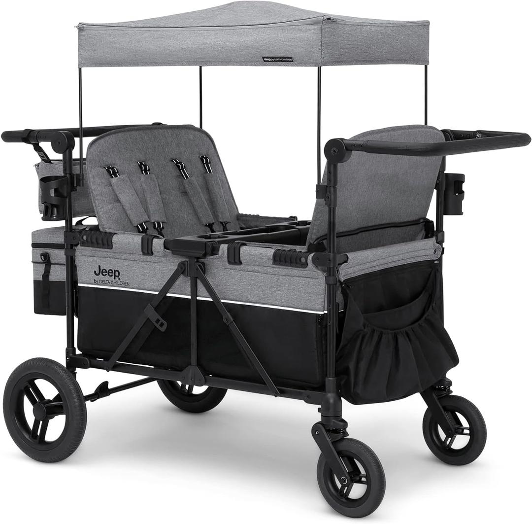Jeep Wrangler Deluxe 4 Seater Stroller Wagon by Delta Children - Premium Quad Stroller Wagon for 4 Kids with Convertible Seats, Adjustable Push/Pull Handles, Removable Canopy & Flat Fold, Grey