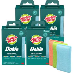 Scotch-Brite Dobie Non-Scratch All-Purpose Scrub Pads, Original Cleaning Sponges for Kitchen & Bathroom, Safe on Non-Stick Cookware, Reusable (12 Pads, 4 Packs of 3, Assorted Colors)