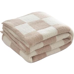 Ultra Soft Cozy Checkered Knitted Throw Blanket Fluffy Microfiber Checkerboard Bed Blanket Lightweight Both Sides Blanket for Couch Sofa Bed (Cream, Throw 50x60)
