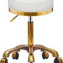 Gold Rolling Vanity Stool with Wheels (White, Without Back) Padded Seat Heavy Duty Stools, 360° Rotation Adjustable Round Rolly Chair, Silla de Pedicura Salon Spa Massage Esthetician, 14"D x 14"W x 22"H