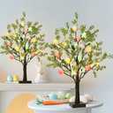 EAMBRITE Easter Decorations Easter Tree with Eggs, 2Ft Tabletop Tree with 24 LED Lights, Lighted Artificial Tree Battery/USB Operated Light up Easter Egg Tree for Spring Home Decor (2 Pack)
