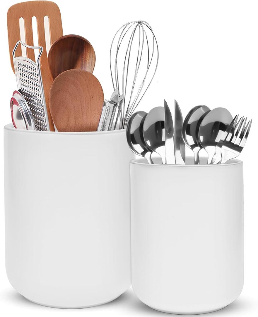Ceramic Utensil Holder for Kitchen Counter, 6.34.7 Cooking Utensil Holder for Countertop, 2 Pcs Cooking Utensil Crocks for Spatula, Kitchen Decor, Plant Vase (White)