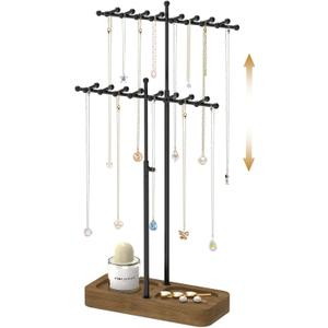 MODOWEY Necklace Holder Organizer Stand with 36 Hooks, Tall Display Tree Rack for Women Men Jewelry Storage, Adjustable 2 Tier Metal Hanger Wood Tray for Vendor, Large Capacity for Dresser Small Space (Black+Brown)