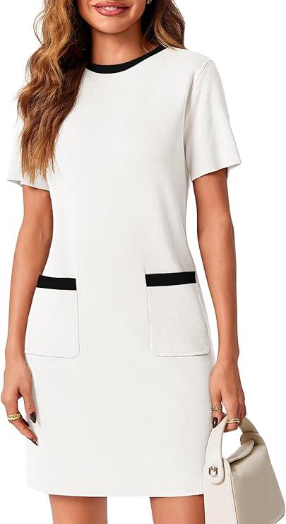 Wenrine Womens Work Dress Business Casual Contrast Color Elegant Short Sleeve Knit Summer Mini Dress, White, Size L