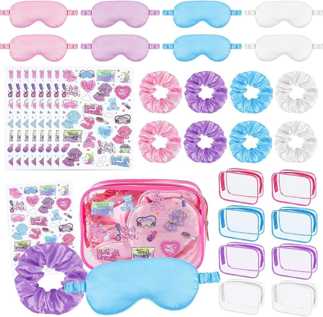 YLOLUL 32 Pcs Spa Sleepover Party Supplies for Girls Makeup Party Favor with Hair Scrunchies Clear Cosmetic Bags Eye Masks Sleepover Temporary Tattoos for Slumber Spa Essentials Favors Gift