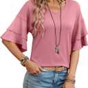 Ruffle Sleeve Tops for Women 2026 Casual V Neck T Shirts Double Tiered Bell Sleeve Cute Tee Shirt Blouses S-3XL (M)