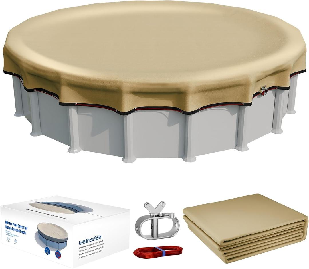 [Upgraded] 18ft/21ft/24ft/28ft Round Winter Pool Covers for Above Ground Pool Cover 21FT Cover 4FT Overlap - 500D Windproof with Steel Cable & Heavy Duty Winch - Swimming Pool Winter Cover Beige