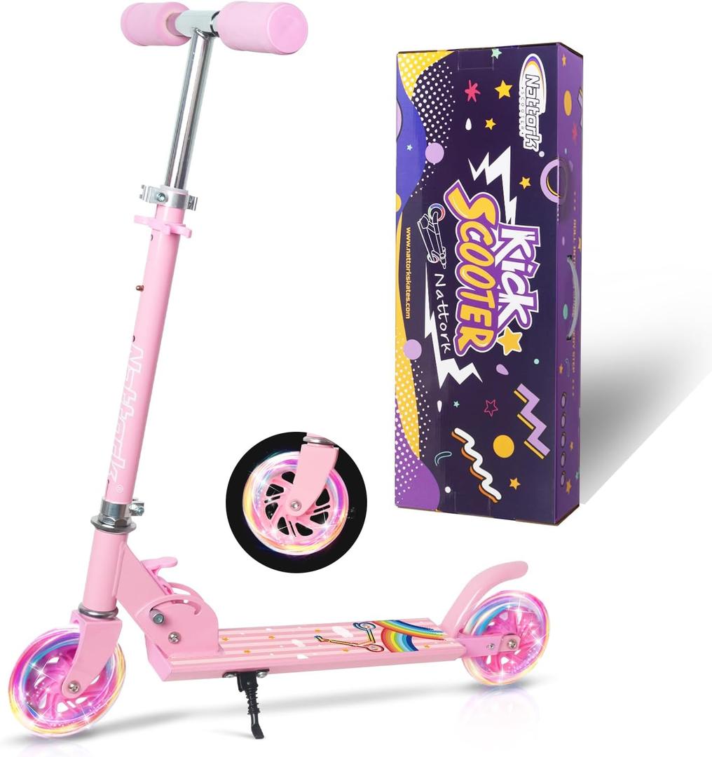 Nattork Scooter for Kids Ages 3-8  Kick Kids Scooters for Boys & Girls Light up Wheels Portable Lightweight Folding Design with Reducing System and Adjustable Height Handlebars and up to 110 Lbs (Pink Rainbow)