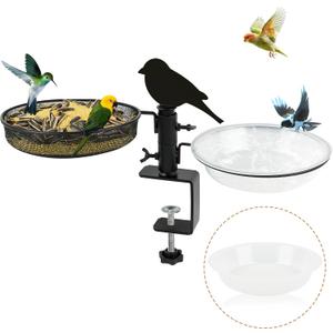 Bird Feeder 3 Inch Clamp for Deck Railings-Balcony Bird Feeder with Metal Tray & 2 Bowls, All-in-One Backyard Gift Attract Birds to Balcony, Porch, Patio Metal Bird Bath Being Structure Plastic Bowl