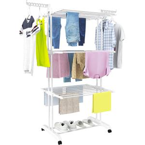 HOMIDEC Clothes Drying Rack, Large 4-Tier Foldable Drying Rack Clothing(67.7H x 19.7W x 30L Inches), Movable with 4 Castors. Multifunctional Stainless Steel Laundry Drying Rack, White