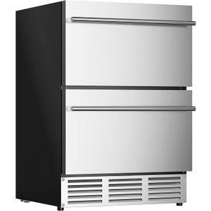 EUHOMY 24 Inch Under Counter Double Drawer Fridge, Weather Proof Stainless Steel Outdoor Beverage Refrigerator for Patio, Built-in Beverage Fridge for Home & Commercial Use Stainless Steel Silver