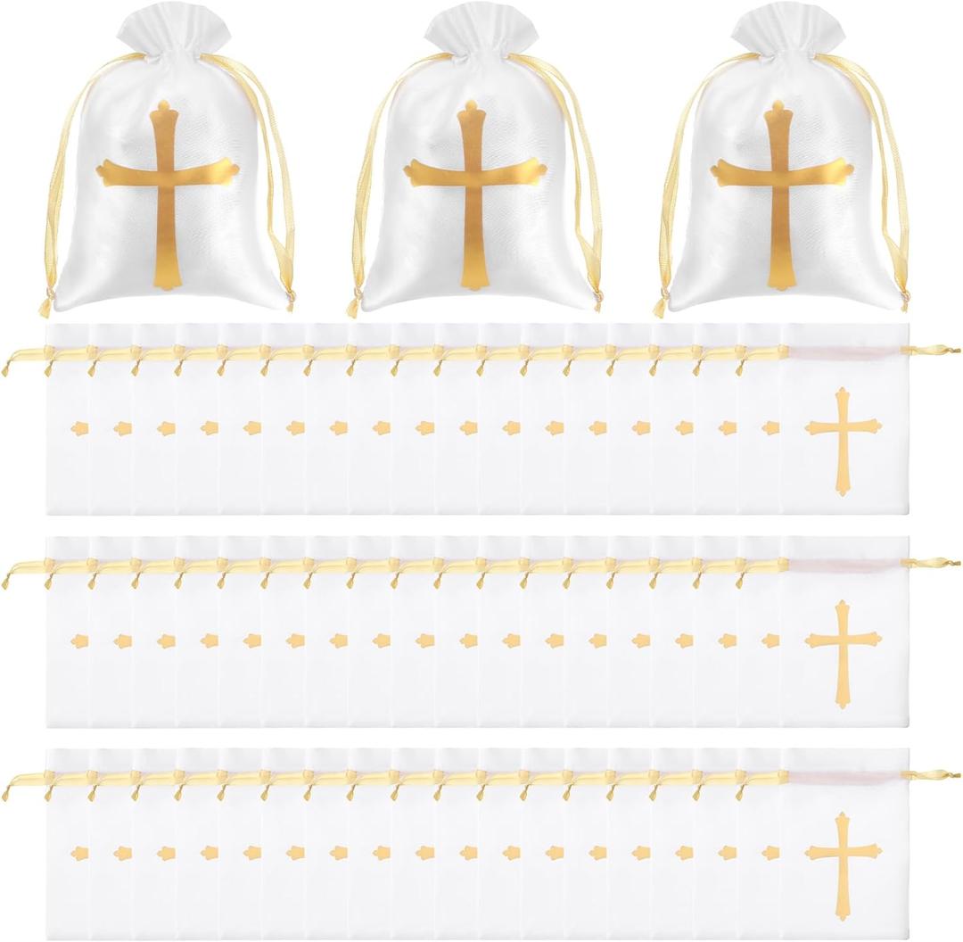 HOFURME 75 Pcs Baptism Satin Gift Bags with Drawstring 4 x 6 Inch Religious Gift Bags Cross Candy Jewelry Pouches for Baptism First Communion Party Favor (White)