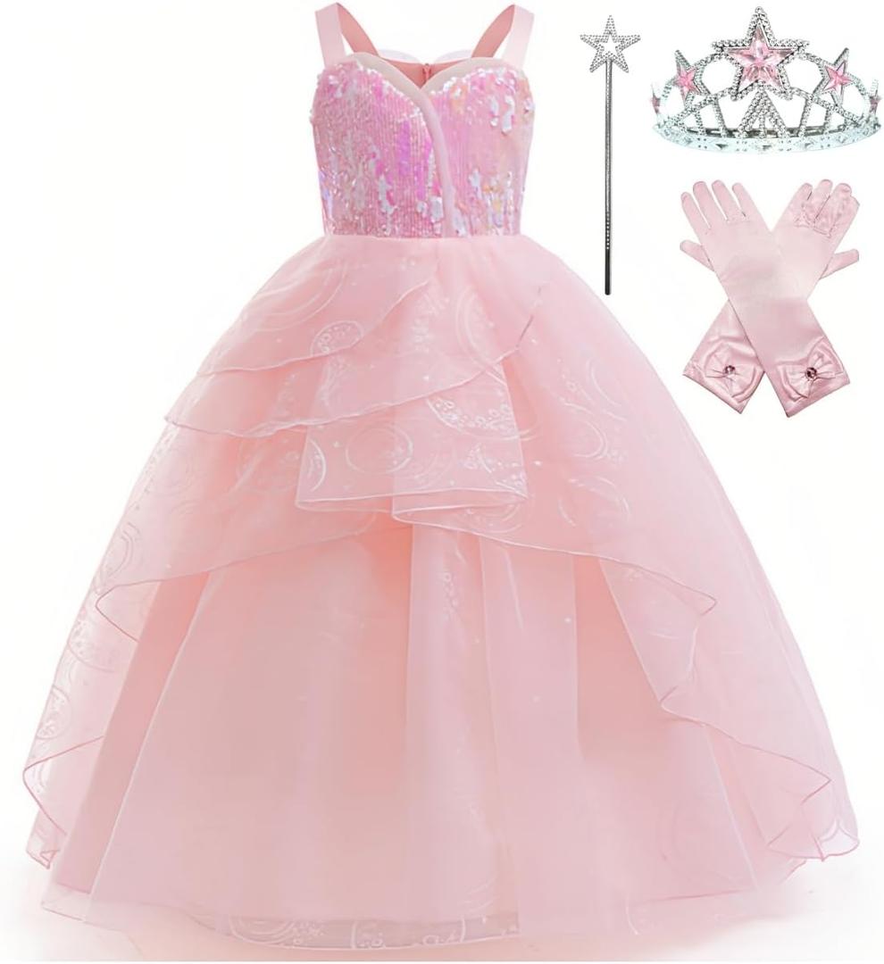 Xefenki Good Witch Glinda Costume Dress for Girls Halloween Cosplay Outfits With Crown Magic Wand and Gloves (4-5 Years, Pink)