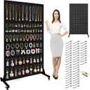 Royxen 3.6 x 6 Feet Metal Pegboard with 50 Hooks, Large Standing Pegboard Display with T-Base, Peg Board Display Stand with Wheels, Art Display Stand for Retail Stores Exhibitions Homes (Black)