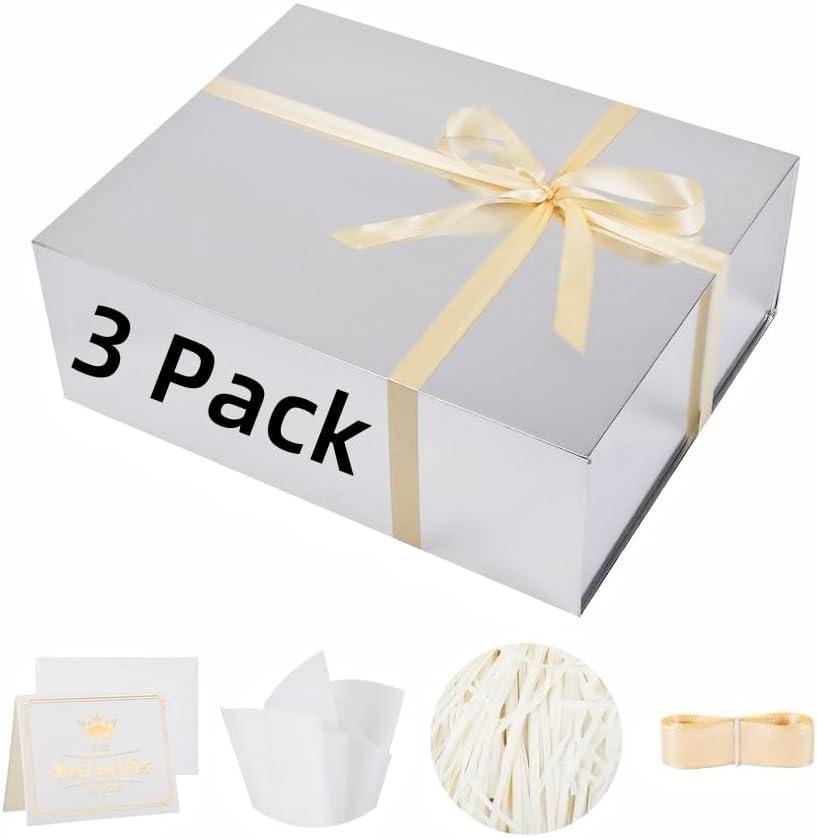 UoeRing 3 Pack Extra Large Silver Gift Box 20x16x7 inch Luxury Gift Box for Presents with Magnetic Closure Lid Collapsible,Birthday,Christmas,Contains Card, Ribbon,Tissue Paper,Shredded Paper Filler, 1 Count