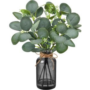 Der Rose 13.5" Fake Plants for Black Bathroom Decor Artificial Eucalyptus Stems in Black Glass Vase with Faux Water for Office Desk Accessories Farmhouse Home Table Centerpiece DecorSage Green