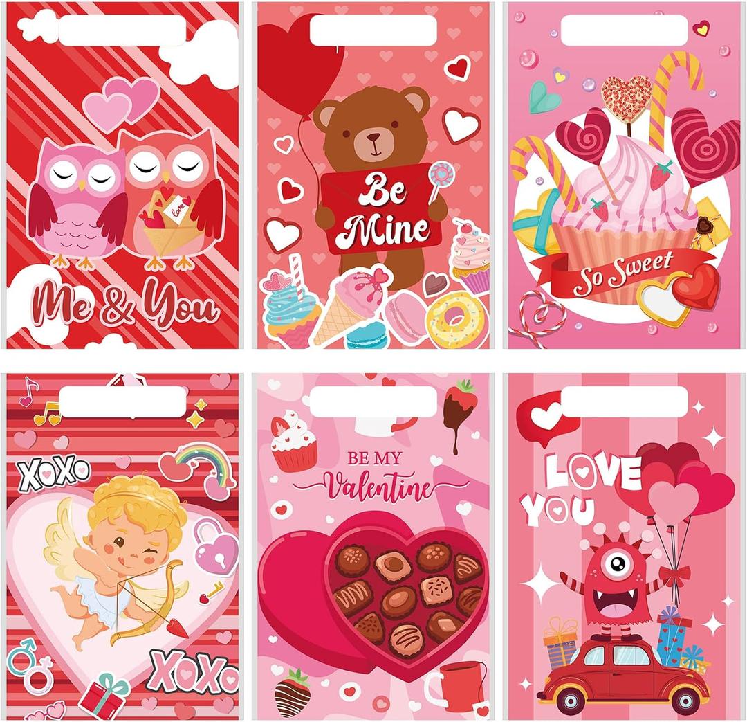 Tatuo 150 Pieces Valentine's Day Gift Bag Valentines Treat Bags for Kids Valentine's Day Goodie Candy Snack Bags Valentine's Cellophane Gift Bag Party Favor Classroom Gift, 6 Designs (Cartoon)