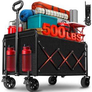 Collapsible Wagons Carts Foldable, 500LBS Heavy Duty Wagon Cart Foldable with Brakes & All-Terrain Wheels 34'' Extra Long Folding Wagon Portable Lightweight for Camping, BeachSports, Shopping (Black)