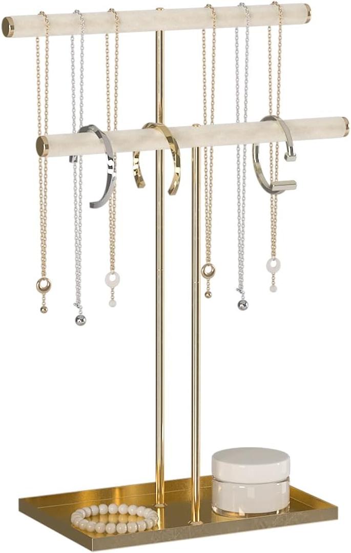 Necklace Organizers Holder, Small Jewelry Display Stand for Women, Men and Vendors, Long Necklace Organizer, Multi-Functional Bracelet Hanger, Space Saving Design (2 Tier Beige Velvet)