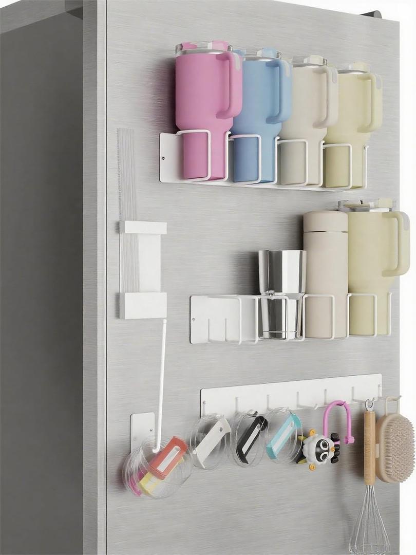 Magnetic Cup Holder Set - Universal Organizer Fits Stanley 20/30/40oz & All Cups up to 3.25 Inches Wide, Modular Rack with Lid and Straw Holders (White, 8 Cup)