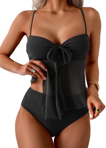 B2prity Womens Mesh Tankini Swimsuits Flowy Two Piece Bathing Suit V Neck Tie Knot Swim Top with High Waisted Bottom XL