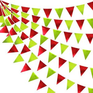 Red and Green Metallic Fabric Triangle Pennant Banner Flag Bunting Garland for Merry Grinchmas Birthday Baby Shower Bachelorette Xmas Holiday Christmas Holiday New Year Party Decorations Supplies