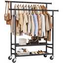 HYSEYY Clothes Rack, Double Rods Rolling Clothing Rack for Hanging Clothes, Portable Garment Rack with Wheels, Coat Rack Wardrobe Closet Load 380 LBS for Bedroom Laundry Room, Black