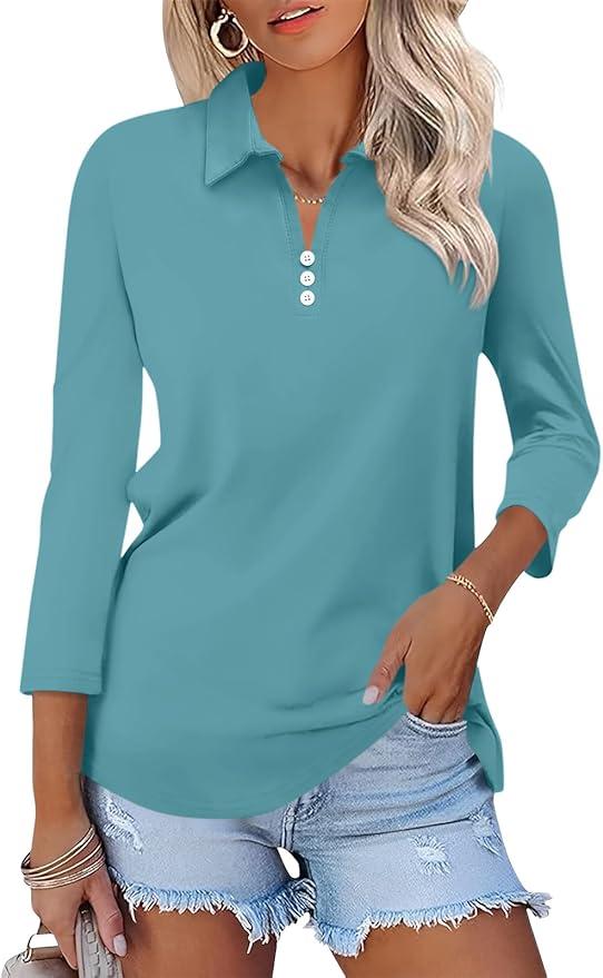 Womens Tops 3/4 Sleeve Polo Shirts Business Casual V Neck Collared Shirts Basic Tees Blouse, XL
