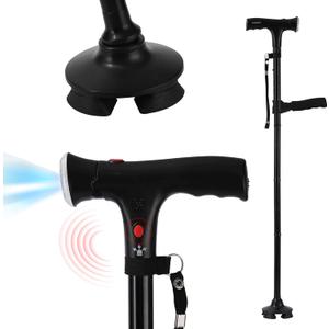 Folding Cane with Led Light and Alarm, with Side Handle, Folding, Adjustable Cane Suitable for Arthritis Disabled and Elderly, Cane with Cushioned T Handle and Swivel Four Pedestal, Black.