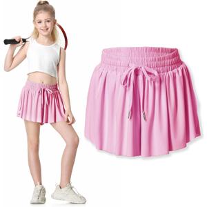 Two Inches Extended Butterfly Shorts Girls Flowy Shorts, 2-in-1 Youth Girls Athletic for Fitness, Running, Sports (Pink, XL)