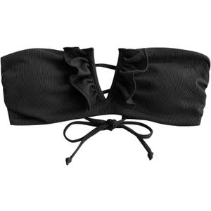 ZAFUL Women's Strapless Bandeau Bikini Top Ribbed V Wired Lace Up Ruffle Tie Swimsuits Bathing Suits Only Top (Black, M)