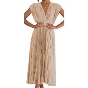 kiobrvhe Elegant Satin V Neck Pleated Midi Dress High Waisted Flowy Long Summer Sleeveless Dresses for Women S